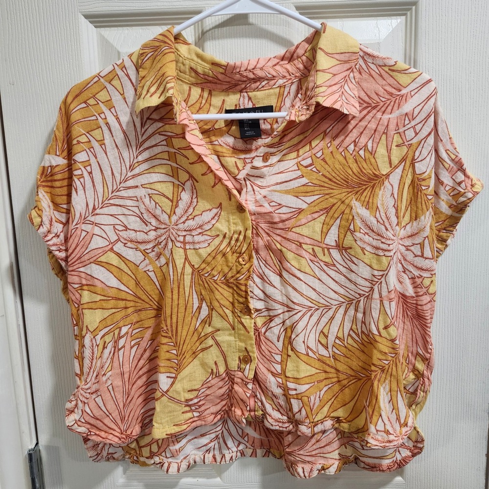 Tahari Linen Blend Tropical Palm Print 2 Piece Set Crop Top Wide Leg Pants L - Picture 2 of 8